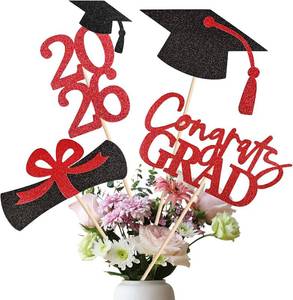 lot 2972 image: 20 PCS Graduation Decorations Class of 2026, Black and Red Double-Sided Centerpieces, Grad Cap Sticks, Table Toppers, Graduation Party Decorations