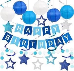 lot 3012 image: Happy Birthday Decorations, Blue Birthday Party Decorations Set with Happy Birthday Banner, Paper Lanterns, Star Swirl Hanging Decorations & Circle Dots Garland