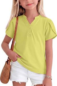 lot 3110 image: Girls Petal Sleeve Tops  Petal Sleeve, V Neck, Button Detail, Soft Stretch, Short Sleeve, Summer, Casual, School, Playwear, Tween Girls, Kids Tops SIZE 11-12 YEARS