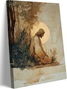 lot 2988 image: Tertiosh Christian Canvas Wall Art Jesus Prays Wall Decor Painting Pictures Religious Art Prints for Living Room Bedroom Church Prayer Room Dining Room Decoration 12x16in