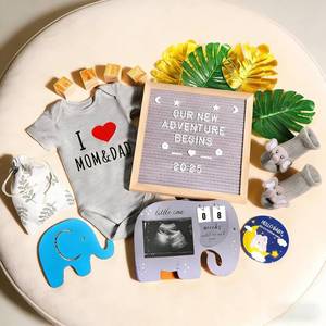 lot 3136 image: OFUSUY 10 Pcs Pregnancy Announcement Set, Elephant Pregnancy Reveal Ideas Include Felt Letter Board Sonogram Picture Frame Bodysuit Sock Baby Sign and Monstera Leaf for Coming Soon Baby Announcement