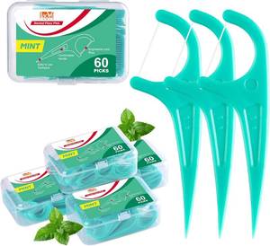 lot 3141 image: Floss Picks, 300 Count Mint Dental Floss Picks, Toothpicks with 5 Travel Cases for Extra Convenience, Helps Prevent Cavities, Remove Plaque & Freshen Breath, Premium Floss Sticks for Family