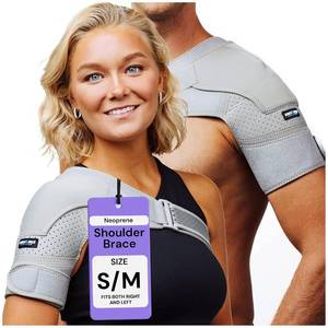 lot 3200 image: Shoulder Brace for Men & Women - Size SM (Chest 30-40) - Gray Neoprene Compression Sleeve - Adjustable Strap for Rotator Cuff & Joint Stability - Integrated IceHeat Pocket - Ambidextrous Support