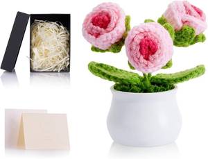 lot 3240 image: ZHIYUXI Pink Crochet Flowers Artifical Crocheted Pink Eternal Rose Gifts for Women Handmade Roses Knitted Flower for Car Dashboard Home Office