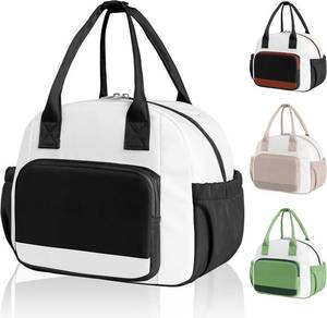 lot 3243 image: Stylish Color-blocked Lunch Bag for Women, Leakproof Lunch Box for Adult Girls, Large Capacity Reusable Lunch Box for Work Picnic Travel Color is white and baige