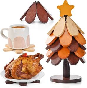lot 3258 image: Wooden Trivets for Hot Dishes, Tree Shaped Trivet Set of 5 with 1 Stand, Foldable Kitchen Wooden Trivets for Pots, Bowls, Teapots, Pans, Cups, Housewarming Gifts
