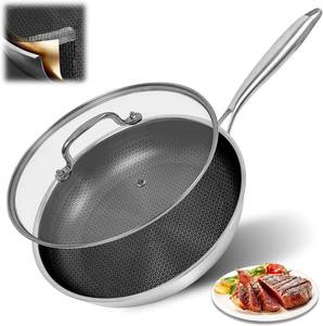 lot 3260 image: 12 Inch Non Stick Frying Pan With Lid, Non Stick Frying Pans With Lids, 3-Ply Stainless Steel Frying Pan, Stay-Cool Handle, Oven & Dishwasher Safe, Induction Compatible All Cooktop