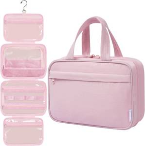 lot 3275 image: Toiletry Bag for Women, Portable Hanging Organizer, 4 Leakproof Compartments for Full-Sized Conditioners, Brush Sets, Makeup Accessories, Visible and Easy to Access, L, pink
