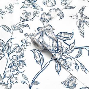 lot 3277 image: Theper White and Blue Floral Wallpaper Peel and Stick Wallpaper 17.3 78.8  Vintage Boho Wall Paper Removable Self Adhesive Wallpapers for Bedroom Blue and White Floral Contact Paper for Cabinets