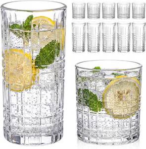 lot 3285 image: LemonRoad 12 Pcs Crystal Glass Cups Mixed Glassware Set 6 Pack 15oz Crystal Old Fashioned Highballs 6 Pack 12oz Whiskey Glasses for Cocktail Whisky Beer Soda Tea Beverages Dishwasher Safe (Grid)