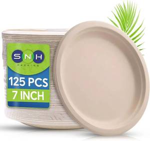 lot 3307 image: SNH Packing 100% Compostable Plates 7 Inch 125-Pack, Heavy Duty Dinner Paper Plates, Eco-Friendly Biodegradable Sugarcane Bagasse, Natural Brown Disposable Plates for Dessert, Party, BBQ & Picnic