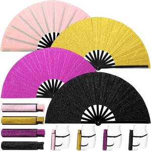 lot 3318 image: 4 Pack Large Rave Fan Folding Shiny Clack Hand Fan with Fabric Case Bag and Leg Strap for Music Festival Dance Club Carnival Disco Party Supplies(Black,Pink,Gold,Purple,Glitter)