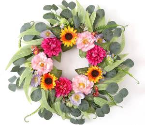 lot 3326 image: BOMAROLAN Artificial Peony Dahlia Sunflower Wreath 24 Inch Spring Summer Front Door Wreath with Poppy Chamomile Flower and Eucalyptus Leaves Ferns Indoor Outdoor Farmhouse Home Wall Window Door Decor