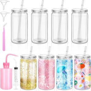 lot 3329 image: 8-Pack 16 oz Pre-Drilled Snow Globe Tumbler, Double Wall Clear Plastic Cups with Hole, Complete DIY Kit with Squeeze Bottle, Funnels & Tweezer for Glitter Snowglobe Cup Crafting
