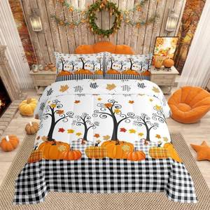 lot 3349 image: Pumpkin Fall Comforter Set Twin Size,Kids Boys Girls BedroomWooden Cottage Decor,Black White Plaid Bedding Set,Autumn Harvest Maple Down Comforter,Rustic Farmhouse Duvet Insert,2pcs,1 Pillowcase