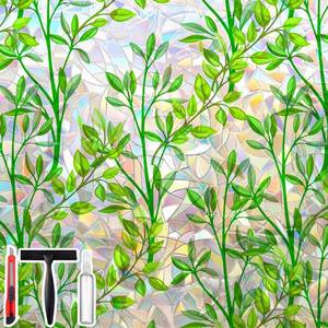 lot 3358 image: Non-Adhesive Stained Glass Window Film Decorative, Static Cling Privacy Window Film (Leafy Rianbow, 17.5 inch  60 inch)