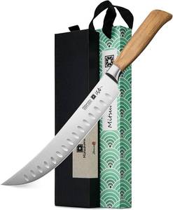 lot 3395 image: Mitsuharu 10 Butcher Knife, SHOMAN Series Curved Cimitar Breaking Knives, with Ergonomic Olive Wood Handle, German Steel Carving, Sharp Meat Slicing for Roast Ham with Case (Butcher Knife)