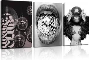 lot 3400 image: 3pcs 70s Disco Party Poster Wall Art Retro Gorgeous Woman Painting Picture Wall Decor Luxury Party Club Poster Print Artwork for Bar Bedroom Dormitory Apartment Home Decoration 16x24in Framed