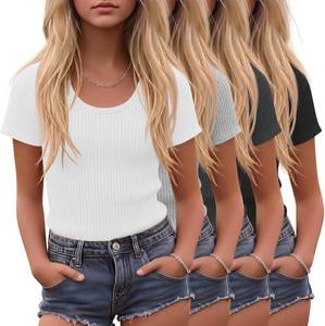 lot 3413 image: 4 Pack Girls Short Sleeve T-Shirts  Scoop Neck, Tops, Ribbed Knit, Blouse, Casual, Kids, Basic, Slim Fit, Summer, Solid Color, Soft, Breathable, Youth, Teen 13-14 YEARS