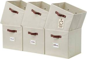 lot 3414 image: DECOMOMO Storage Bins, Cube Storage Bin with Labels  13 x 13 x 13 Fabric Storage Cubes for Shelves (6pcs, Beige)