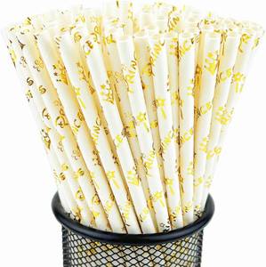 lot 3464 image: YAOSHENG Paper Straws for drinking, Pack 100 Gold Crowns Paper Straws for Cocktail Party Supplies,Birthday,Wedding,BridalBaby Shower,Juice,shakes,Smoothies