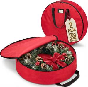 lot 3478 image: ZOBER 2 Pack Oxford Christmas Wreath Storage Container 36 Inch - Wreath Bag for Artificial Wreaths Box - Waterproof Fabric, Dual Zippered Wreaths Storage Bag With Strong Durable Handles - Red