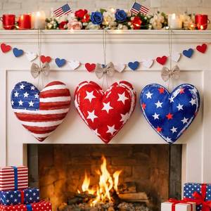 lot 3511 image: Moukeren 3 Pcs 4th of July Tree Decorations 12 Inch Large Red White Blue Decorations Patriotic Mantel Decor Fabric Heart Hanging Ornaments for Independence Day 250th Anniversary Rustic Farmhouse Style