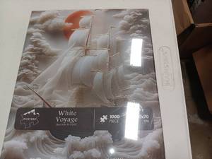 lot 3542 image: PICKFORU Sailboat 1000 Piece Puzzle for Adults, Colorful Sunset Sea Jigsaw Puzzles Boat, Gradient Ocean Stone Carving Theme Puzzle Color White