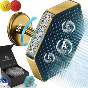 AquaHomeGroup Luxury Rain Shower Head with Filter - Reduces Chlorine, Rust and Sediment - Vitamin C E and A - High Pressure - Spa Effect - Golden