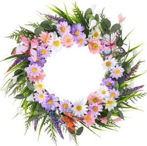 lot 3428 image: Summer Wreath for Front Door, 20 Inch Artificial Daisy Wreath  Fake Wreath, Included Daisy Lavender Silk Flower Butterflies, for All Season Porch Wall, Wedding, Festival Celebration