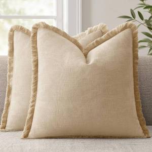 lot 3434 image: ANRODUO Decorative Linen Fringe Pillow Covers 18 18 Inch Beige 2 Pack  Throw Pillow Covers, Soft Farmhouse Boho Vintage Cushion Covers with Tassels Accent Pillowcase for Couch Sofa Bed Living Room
