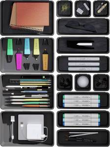 lot 3547 image: QUELIEN Desk Drawer Organizer Tray Set, 16PCS Plastic Drawer Organizer Bins for Office, Makeup, Kitchen - Gray Blue Desk Organizer with Flexible Interlocking Design for Efficient (Gray Blue, 16PCS)