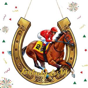 lot 3555 image: Kentucky Horse Derby Wooden Door Signs Derby Day Welcome Signs Hanging Porch for Horse Race Party Outdoor Decorations Wreath Indoor Wall Hanging Decoration