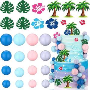 lot 3578 image: Leinuosen 72 Pcs Cartoon Cake Topper Hawaiian Birthday Cake Decoration with Pink Blue Balls Tropical Flower Decor Hawaiian Theme Birthday Party Supplies