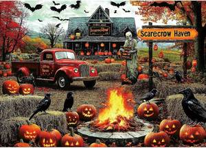 lot 3590 image: 1000 Piece Halloween Puzzles for Adults, Fall Ghost Scarecrow for Adults Puzzle, Haunted House Gift Jigsaw Puzzles, for Gifts Halloween Birthday Party Games Family, 27.5 X 19.7 Dust Free