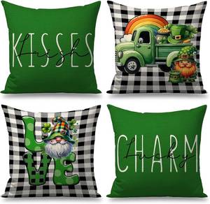lot 3623 image: St Patricks Day Pillow Covers 18x18 Set of 4 Irish Kisses Truck gnome Buffalo Plaid Decorative Throw Pillowcases Spring Holiday Decorations for Sofa Couch Farmhouse Home Decor