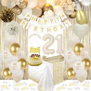 lot 3678 image: 21st Birthday Decorations, Including Happy Birthday Banner, Tablecloth, Cake Topper, Sash, Crown, Fringe Curtain, White and Gold Balloons for Happy 21 Bday Girls, Her, Women Party Decor