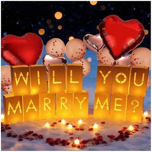 lot 3808 image: Will You Marry Me Light Up Letters Luminary Bags with Tea Lights Candles, Latex Balloons, Aluminum Balloons and Rose Petals Proposal Anniversary and Valentines Day Decorations
