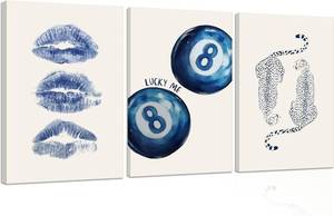 lot 3810 image: 3 Piece Trendy Blue Cheetah Wall Art Navy Leopard Wall Decor Canvas Framed  Navy Leopard Canvas Posters Retro 8 Ball Lucky Me Print Blue Leopard Preppy Picture for Dorm Girls Bedroom