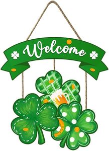 lot 3813 image: St Patricks Day Welcome Wooden Hanging Sign 12.6x11.5 Inch Happy St. Patricks Day Shamrock Wreath Sign for Front Door Decor,Irish Spring Farmhouse Wood Wreath Indoor Wall Hanging Decoration