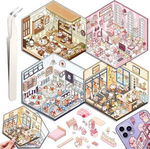 lot 3815 image: DIY 3D House Stickers, 4 Set Fun DIY Stickers Scene Make Your Own Warm Home, Supermarket, Coffee Shop, Music Bar, Cute 3D Cartoon Scene Stickers for Adult Kids Relief Stress Pass The Time (XMPLUS)