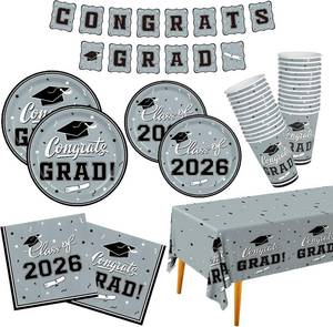 lot 3833 image: Graduation Party Supplies Silver Graduation Party Dinnerware Set Disposable Paper Plates Napkins Cups Tablecloth Banner for Congrats Grad Party Decorations, Serve 25