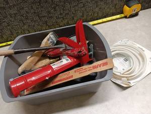 lot 47 image: Mixed Paint & Hand Tool Lot in Plastic Bin - Brushes Caulk Gun Scraper Stir Sticks