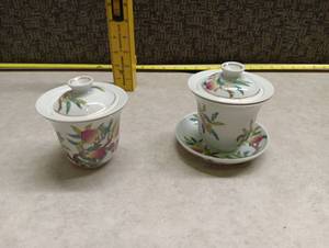 lot 66 image: Porcelain Tea Set with Fruit Motif 2 Covered Bowls with strainer inside