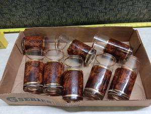 Barware Glasses 8-Piece Set Brown Tortoiseshell Pattern with Gold Band