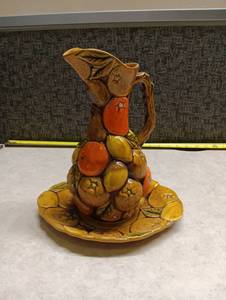 lot 74 image: Majolica Leaf-Form Pitcher with Fruit Plate 2-Piece Set