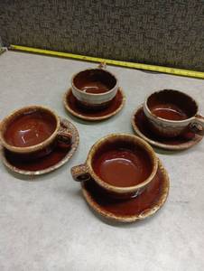 lot 78 image: 4 Ceramic Teacups with Saucers Brown Drip Glaze - One Suacer Chipped & Reglued