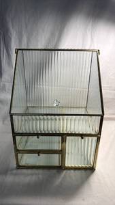 lot 5 image: Nicole Miller Glass Organizer - Glass and Brass Display Case with Drawers and Ribbed Panels
