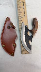 lot 72 image: Karambit Knife Fixed Blade Black Steel Wood Handle with Leather Sheath
