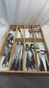 lot 81 image: Flatware Set with Wooden Organizer Box - Forks, Knives, Spoons, Serving Utensils